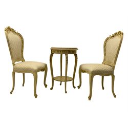 Pair of Italian style chairs, decorated with carved c-scrolls and foliate (H106cm), and circular marble top table on acanthus caved cabriole supports with scroll carved terminals (D49cm, H75cm)