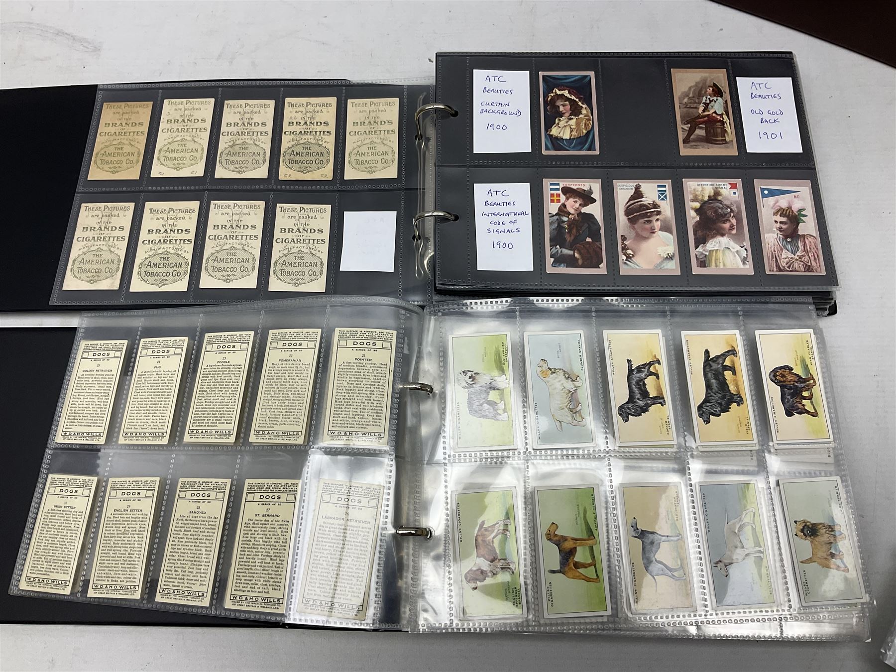 Quantity of mostly cigarette cards, housed in ring binder albums and loose, by Ardath, W.D. & H.O. Wills, John Player & Sons, The American Tobacco Co etc, including famous film stars, cinema stars, wild birds, poultry, dogs etc and various books or catalogues relating to cigarette card collecting, in one box