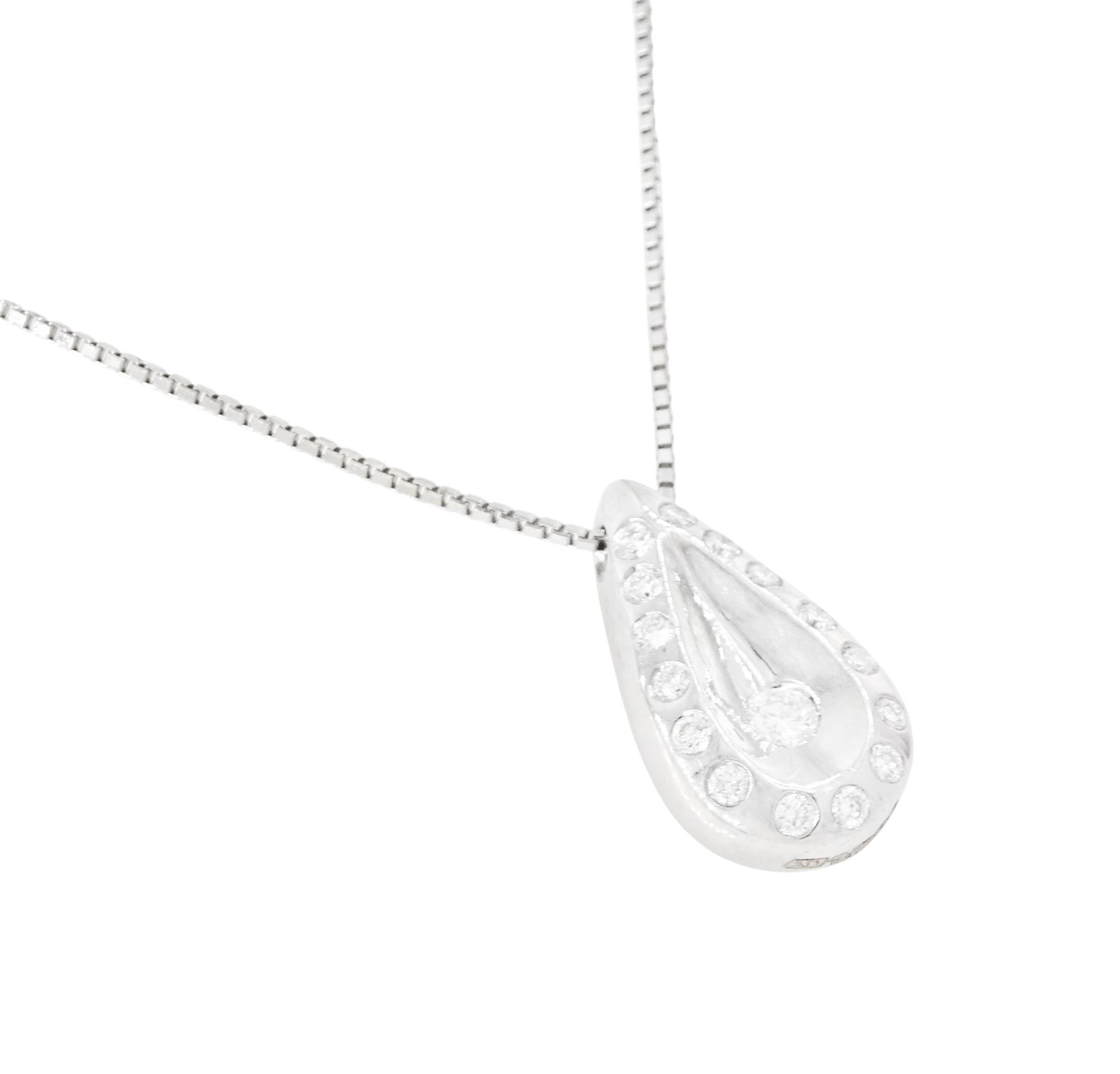 18ct white gold diamond pendant necklace, sixteen round brilliant cut diamonds, rubover set in a pear shaped pendant, on a fine box link chain necklace, stamped 750
