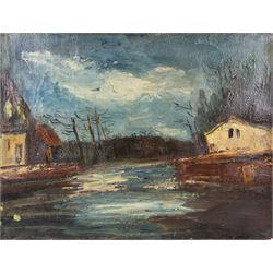 Manner of Maurice de Vlaminck (French 1876-1954): River and Village Scene, oil on canvas u...