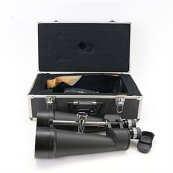 Helios 25 x 100 waterproof binoculars, with lens caps and strap, contained within flight case