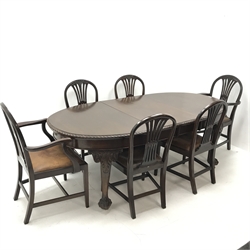 Early 20th century Georgian style mahogany extending dining table, moulded top, acanthus carved cabriole legs, ball and claw feet on castors, two leaves (W213cm, H75cm, D106cm) and set six (4+2) Hepplewhite style dining chairs (W59cm) (9) 

