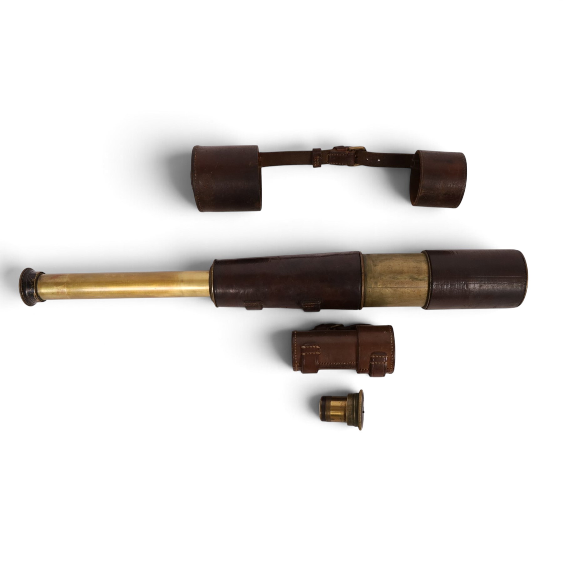Military three drawer telescope with Ross lens, both in leather cases