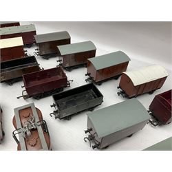 Hornby Dublo - forty-three goods wagons including nine tank wagons (Esso, Mobil, Vacuum, UD and Traffic Services), brake vans, meat and fish wagons, bogie well and bolsters, cable drums, open wagons, salt and grain wagons, etc; and six others by Tri-ang etc; all unboxed (49)