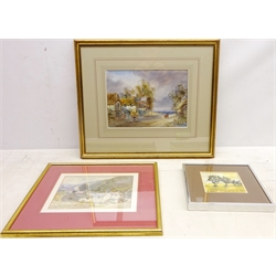  Figures in the Village, watercolour signed by E Nevil (British 19th/20th century), 'Cornfields Milford', watercolour signed Allan Thompson and Rural Village Scene, watercolour signed M Williams max 19cm x 26.5cm (3)   
