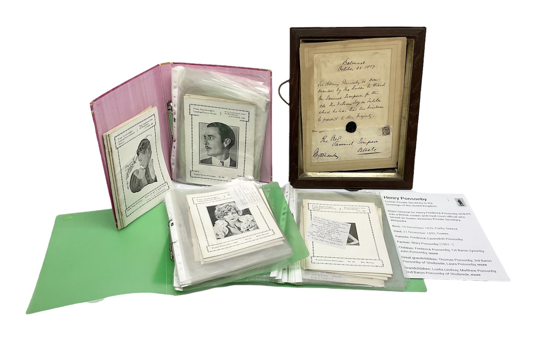 Framed document relating to Henry Ponsonby, together with a large collection of programmes 'From Scarborough's Leading Picture House' 