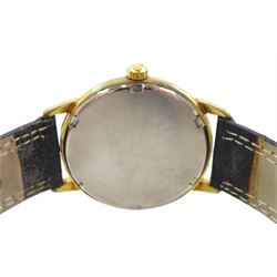 Omega Seamaster 600 gentleman's gold-plated and stainless steel manual wind wristwatch, Ref. 135.011, Cal. 601, unusual hand painted mottled dial with luminous hour and minute hands and baton hour markers, on black leather strap 