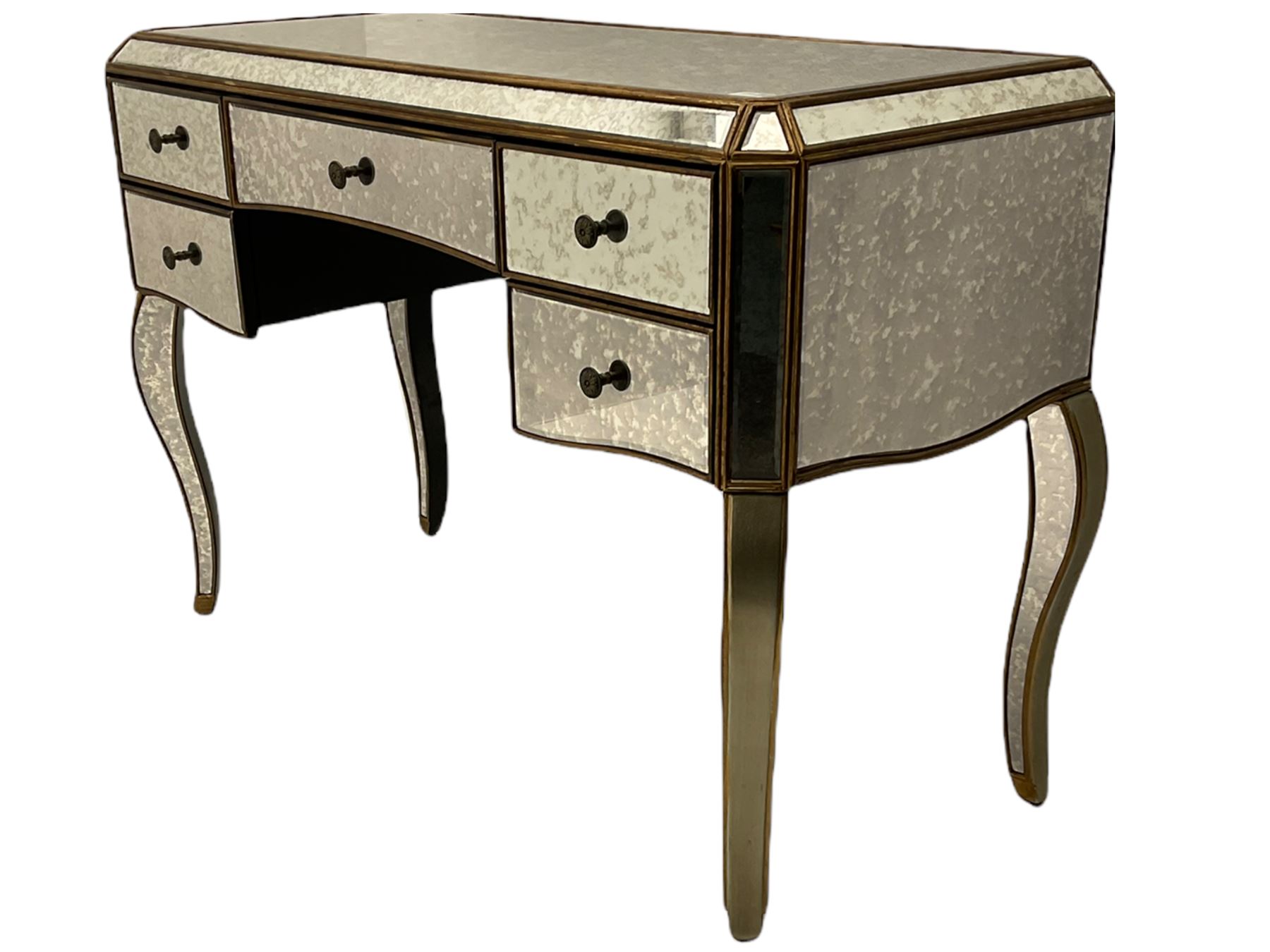 Contemporary mirrored dressing table, bevelled and antique style plates, fitted with five drawers, on cabriole supports 