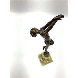 Art Deco style bronzed figure of a nude female balancing on her right foot upon onyx plinth, H24cm