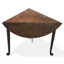 18th century oak folding cricket table, triangular top with three hinged demi-lune leaves, raised on tapering supports with pad feet