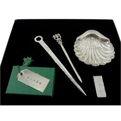 Silver meat skewer by Francis Howard Ltd, Sheffield 1969, silver scallop shell dish by Atkin Brothers, Sheffield 1901, silver money clip, book mark and skewer, all hallmarked, approx 5.5oz