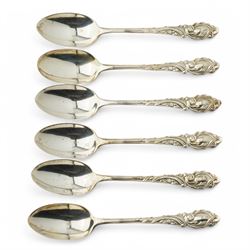 Set of six Edwardian silver coffee spoons London 1902 Maker Josiah Williams & Co, various other silver teaspoons, preserve spoons with mother of pearl handles, silver and mother of pearl fruit knife, early 19th century punch ladle, unmarked, etc
