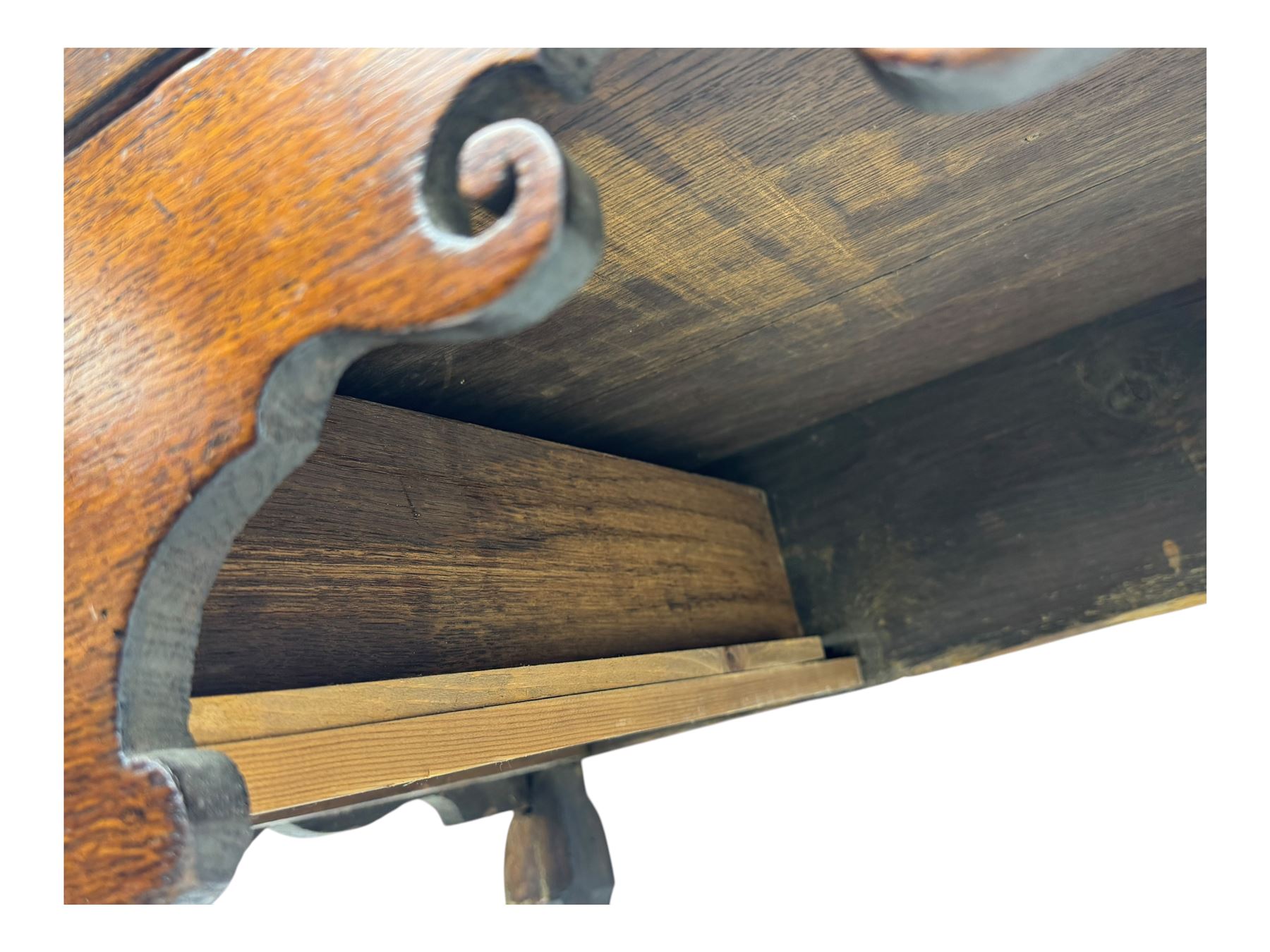 George II oak lowboy, moulded rectangular top over one long and two short drawers fitted with brass drop handles, shaped apron with scrollwork carvings, raised on cabriole supports