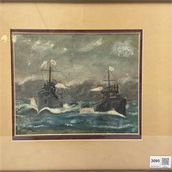 K. Dick (late 19th/early 20th century) - watercolour of The Battle of Tsushima 27th May 1905, being a sea battle scene from the Russo-Japanese War, signed, biographical information in sleeve verso, 17.5 x 21.5cm, oak frame