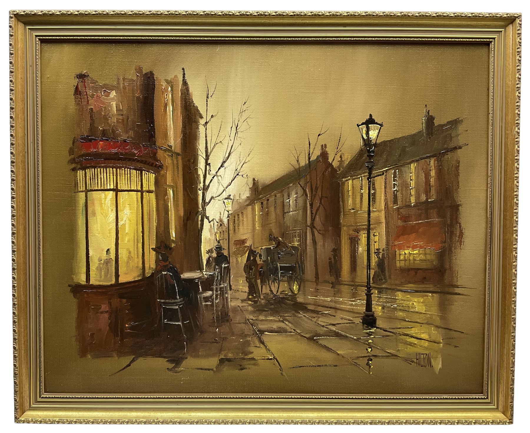 Barry Hilton (British 1941-): Nighttime Street Scene with Horse and Cart, oil on canvas signed 59cm x 74cm