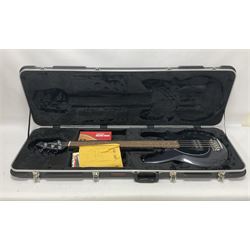 Music Man Bongo 4 string bass guitar, in sapphire black finish, serial no F42547, in black Music Man hard case, guitar L113cm