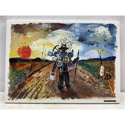 Bernard Hesling (Australian 1905-1987): 'Par Avion', vitreous enamel on metal signed titled and dated '71, 38cm x 54cm