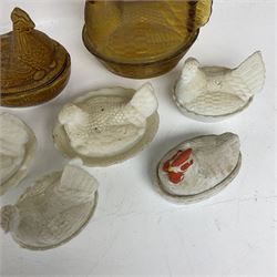 Seven Hen on Nests, to include milk glass examples, largest H22cm 