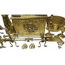 Quantity of fireside accessories to include embossed brass coal box, brass fire companion tools, pair firedogs with spherical terminals, cast iron flat irons, bellows, brass jam pan and other metalware, etc