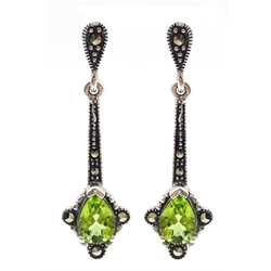  Pair of silver peridot and marcasite pendant ear-rings, stamped 925  