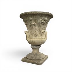 Greek design cast stone garden centre-piece urn, decorated with figures and loop handles, ...