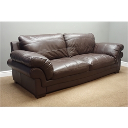  Three seat sofa (W220cm), and pair matching armchairs (W124cm), upholstered in chocolate brown leather  