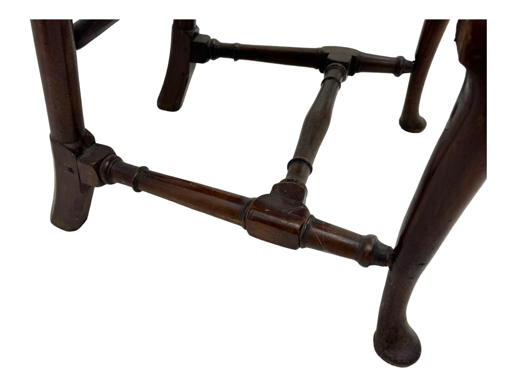 Pair of 19th century Queen Anne design walnut framed side chairs, yoke crest rail over vase-shaped splat, upholstered drop-in seats, raised on cabriole supports with pad feet united by turned stretchers