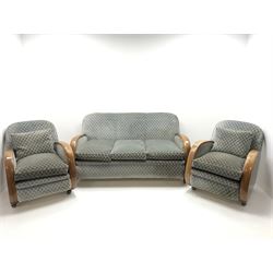1930's Art Deco mahogany framed settee, upholstered in modern duck fabric (W167cm) and pair matching armchairs (W76cm)