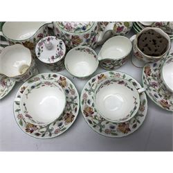 Minton Haddon Hall pattern tea wares, comprising teapot, eight teapcups, ten saucers, ten bowls, ten side plates, eight larger plates, jug, small bowl, etc