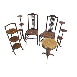 Pair early 20th century mahogany side chairs with shell carved backs, two three tier cake or plant stands, early 20th century oak folding cake stand and a mahogany trumpet work table (6)