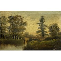 J Hill (British 19th century): River scene, oil on canvas signed and a Companion picture, oil indistinctly signed 19cm x 29cm (2)