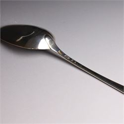 George II silver Old English pattern table spoon, with engraved initial W to terminal, hallmarked Thomas Northcote, London, probably 1758 date mark worn, together with a George III Old English pattern table spoon with bright cut decoration and engraved initials, hallmarked London 1783, makers mark TE probably for Thomas Evans