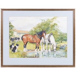 Dorothy Margaret Alderson (British 1900-1992) and Elizabeth Mary Alderson (British 1900-1988): Horses Watering, watercolour signed and dated 1977, 36cm x 51cm 
