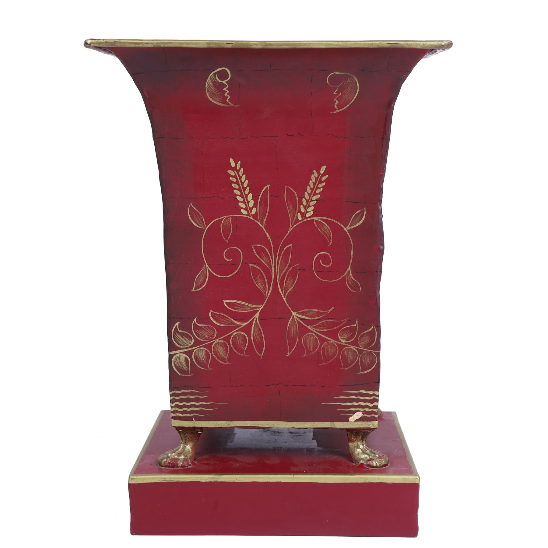 19th century toleware vase, painted foliage and corn upon a red ground, on four paw feet and a square plinth base, H36cm
