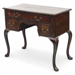 18th century oak and mahogany banded lowboy, rectangular moulded top with crossbanded edge, fitted with one long and two short drawers with brass swan neck handles, shaped kneehole apron, raised on cabriole supports with pad feet