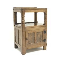  'Mouseman' 1930s adzed oak bedside cabinet, all over adzed excluding the back, single door panelled with figured burr oak, by Robert Thompson of Kilburn, W48cm, H75cm, D38cm  Provenance - Bought in 1937 by Capt. N.L. Barker from Robert Thompson in Kilburn, we have a copy of the original receipt   