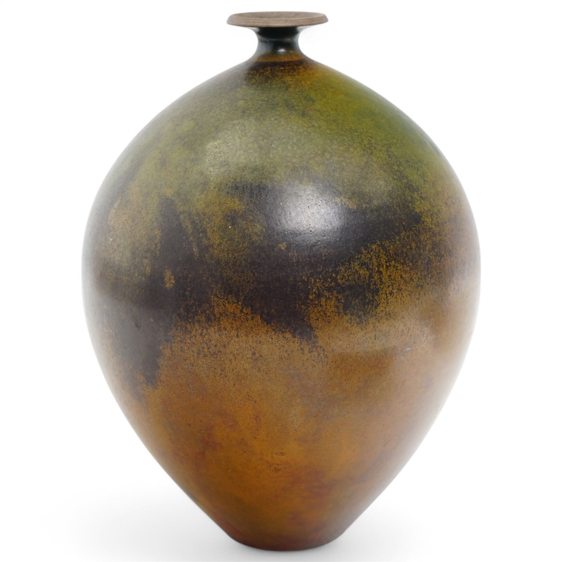 Andrew Hill (British 1964-); studio pottery raku stoneware vase of ovoid form, in shades of green and orange, with flared rim, incised AH mark to base, H23cm 
