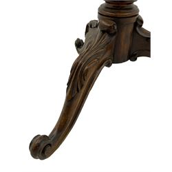 Early Victorian rosewood tripod pedestal table, circular moulded top hand painted with flowers and birds on slate, on tapered hexagonal column with carved acanthus leaf baluster, three splayed supports carved with foliage and scrolling terminals 