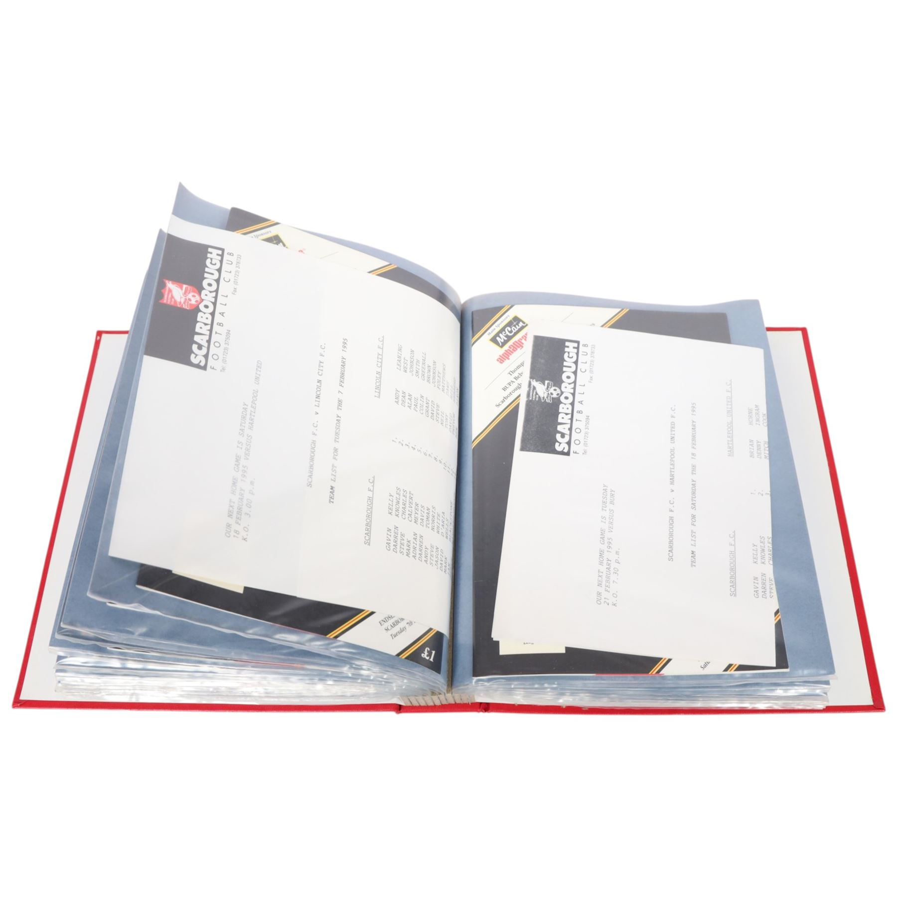 Comprehensive collection of approximately one-hundred and seventy Scarborough FC football programmes for the 1993/94, 1994/95 and 1995/96 seasons, all filed within six dedicated Scarborough FC red Home and Away binders