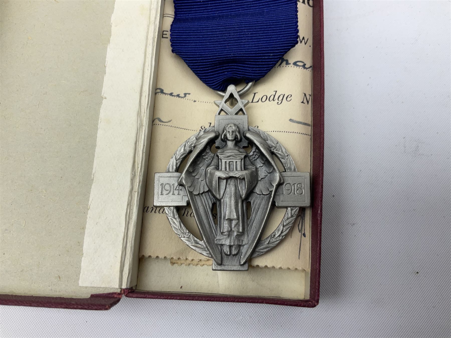 Collection of Masonic items, to include silver WWI 1914-1918 commemorative medallion named 'Bro J. Thompson No. 3458, hallmarked Birmingham 1923, silver and enamelled Masonic Steward medallion hallmarked Birmingham Spencer & Co, 1922, Masonic apron etc