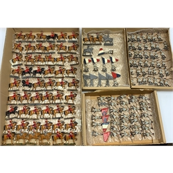 Over one-hundred and forty unmarked lead 18th century style soldiers including foot-soldiers, on horseback and standard bearers, predominantly painted, some partially painted and some unpainted