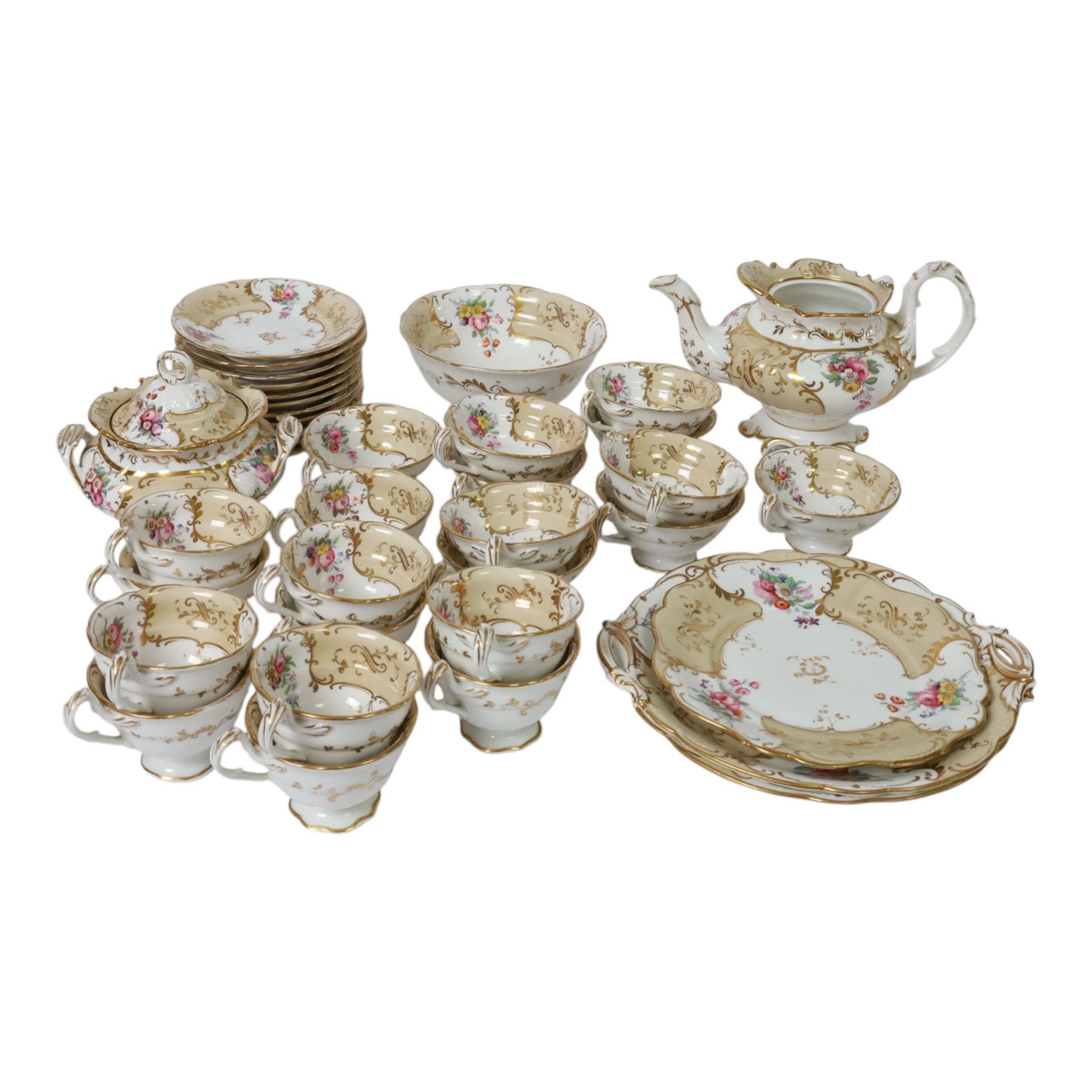 19th century Ridgway tea service, decorated in the 7548 pattern, comprising ten breakfast cups, eleven coffee cups, eleven saucers, tea pot, sucrier and cover, slop bowl, pair of cake plates and further example, a number with printed marks beneath, some with painted iron red pattern number beneath 