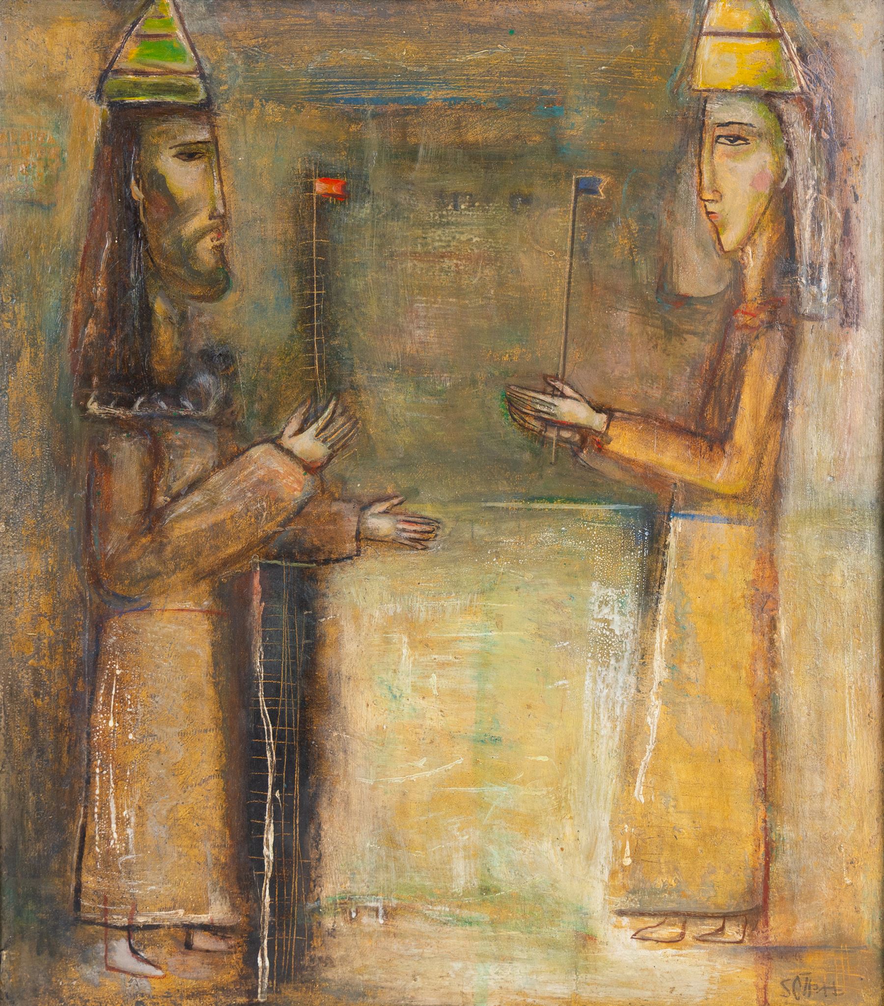 Isupov Vladimir Ilyich (Ukrainian 1939-2023): 'Dialogue (Cain and Abel)', oil on board signed, titled in cyrillic verso 51cm x 45cm 