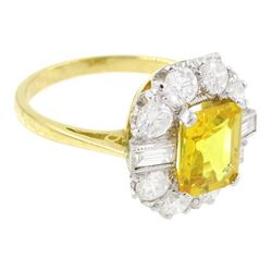18ct gold yellow sapphire and diamond cluster ring, single octagonal cut yellow sapphire of approx 2.15 carat, surrounded by eight brilliant cut diamonds and two baguette cut diamonds within a milgrain setting, stamped, total diamond weight 1.2 carat
