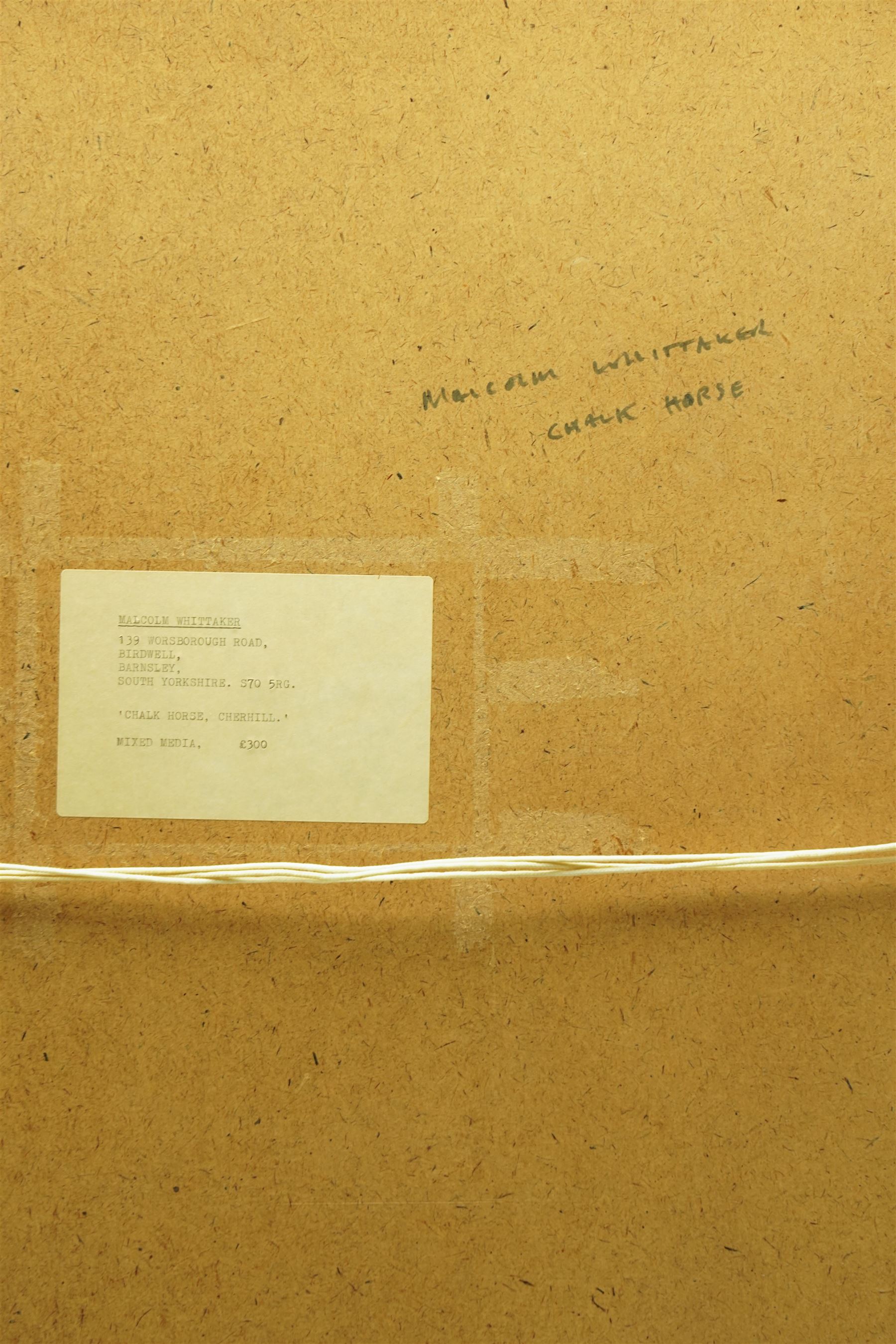 Malcolm Whittaker (British 1937-): 'Chalk Horse Cherhill', mixed media on artist-crafted board signed and titled verso with artist's address label 79cm x 38cm