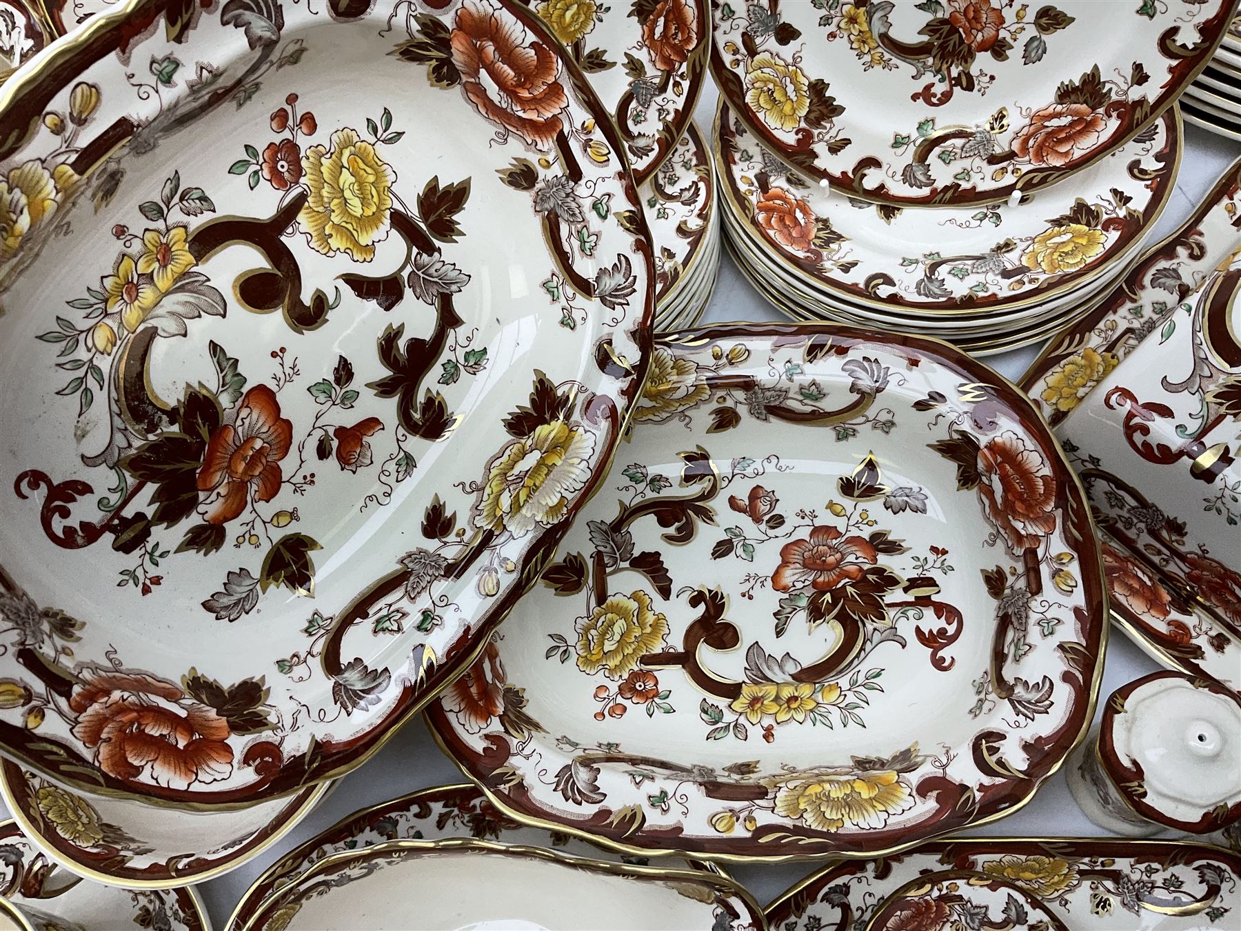 Masons Brown Velvet pattern tea and dinner wears, to include eight dinner plates, eight twin handled soup bowls and saucers, eight tea cups and saucers, cheese cover and plate, jug, meat platter etc (84)  