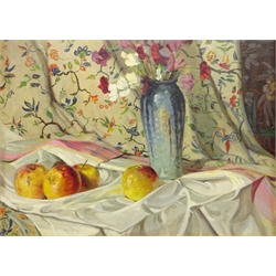  A C Langhorne (British mid 20th century): Still Life of Apples and Vase of Flowers, oil on canvas board signed and dated 1932, 45cm x 61cm  