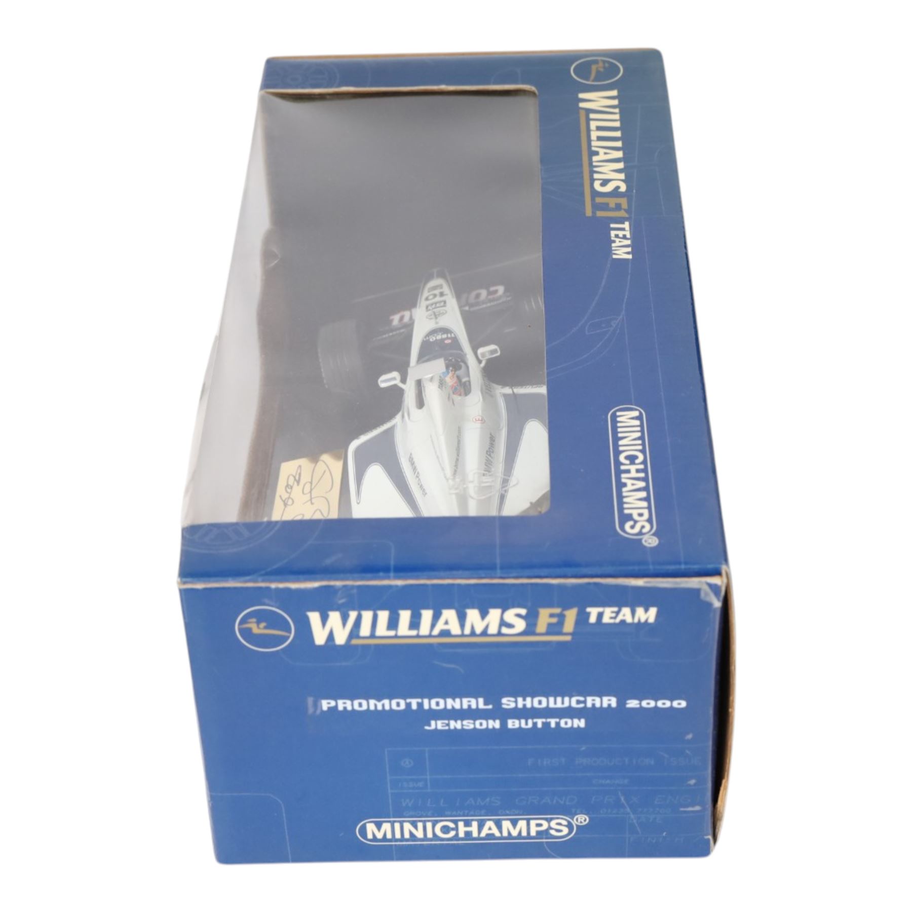 Three signed limited edition 1:18 scale Formula One models, comprising Hot Wheels Jordan EJ12 signed by Takuma Sato, Hot Wheels Jaguar Racing R2 signed by Eddie Irvine and a Minichamps Williams F1 Team model signed by Jenson Button, 1:18 scale model, all boxed