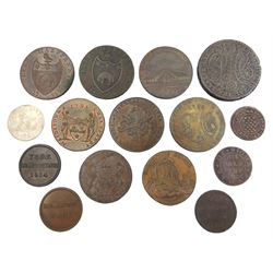 Fifteen 18th and 19th century tokens including 1791 Leeds halfpenny,  1796 York halfpenny, 1812 Doncaster Mirfin & Parker six-pence silver token, 1814 York farthing,  etc

