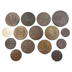 Fifteen 18th and 19th century tokens including 1791 Leeds halfpenny,  1796 York halfpenny, 1812 Doncaster Mirfin & Parker six-pence silver token, 1814 York farthing,  etc

